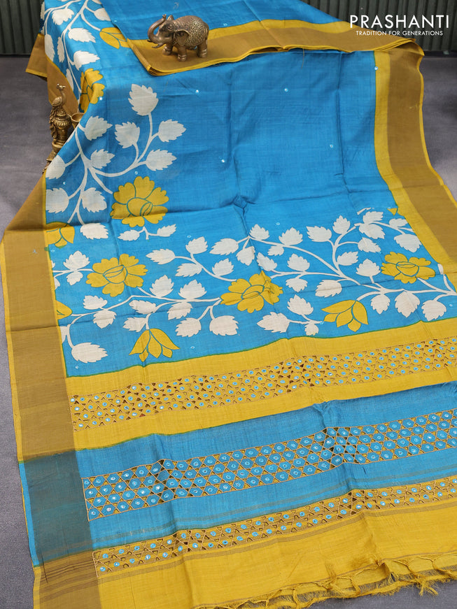 Pure tussar silk saree cs blue and mustard yellow with allover prints & mirror cut work pallu and zari woven border