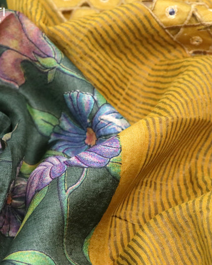 Pure tussar silk saree sap green and mustard yellow with allover floral prints & mirror cut work pallu and zari woven border