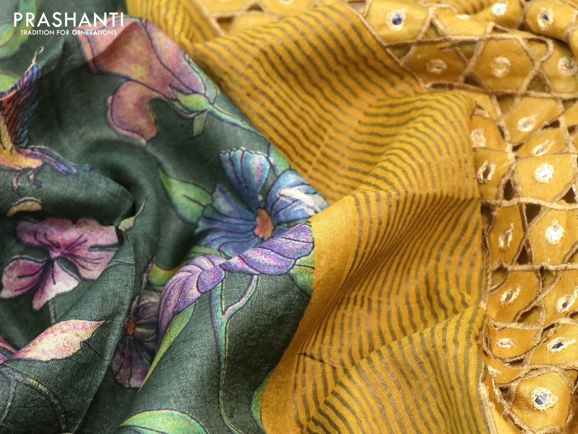 Pure tussar silk saree sap green and mustard yellow with allover floral prints & mirror cut work pallu and zari woven border