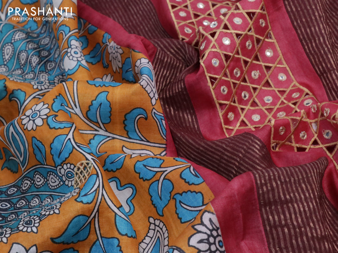Pure tussar silk saree orange shade and pink with allover kalamkari prints & mirror cut work pallu and zari woven border