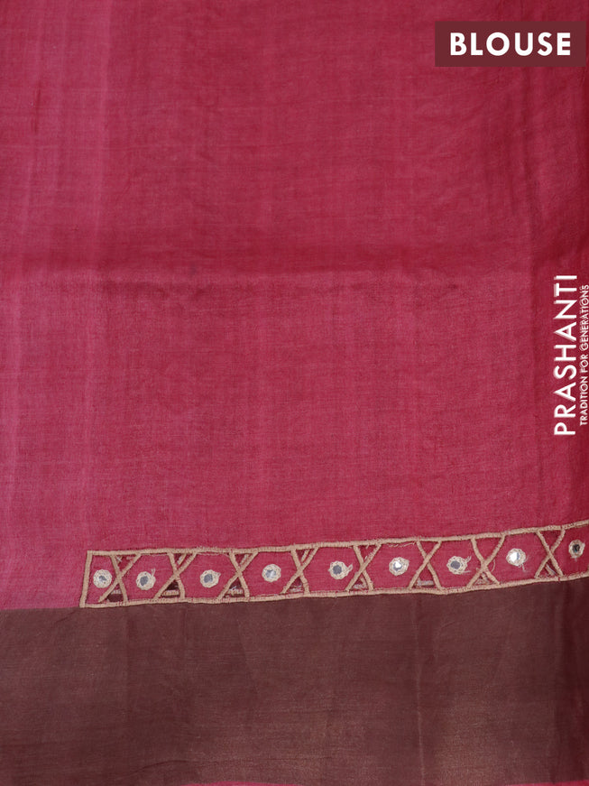 Pure tussar silk saree orange shade and pink with allover kalamkari prints & mirror cut work pallu and zari woven border