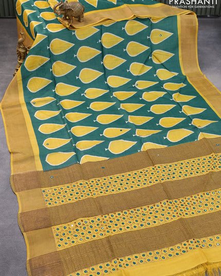 Pure tussar silk saree green and mustard yellow with allover butta prints & mirror cut work pallu and zari woven border