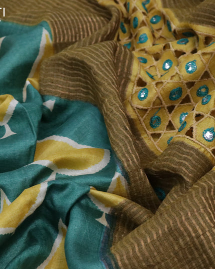 Pure tussar silk saree green and mustard yellow with allover butta prints & mirror cut work pallu and zari woven border
