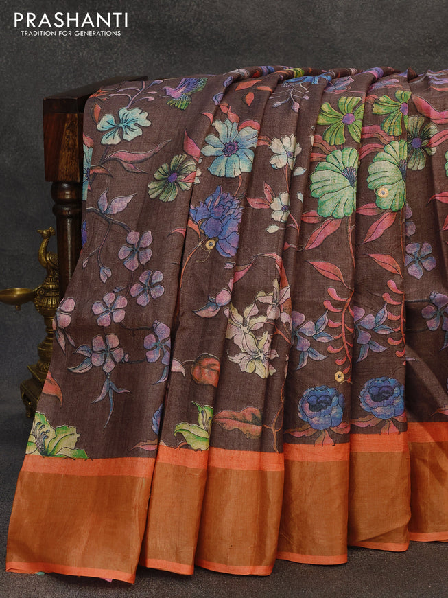Pure tussar silk saree brown and rustic orange with allover floral prints & mirror cut work pallu and zari woven border