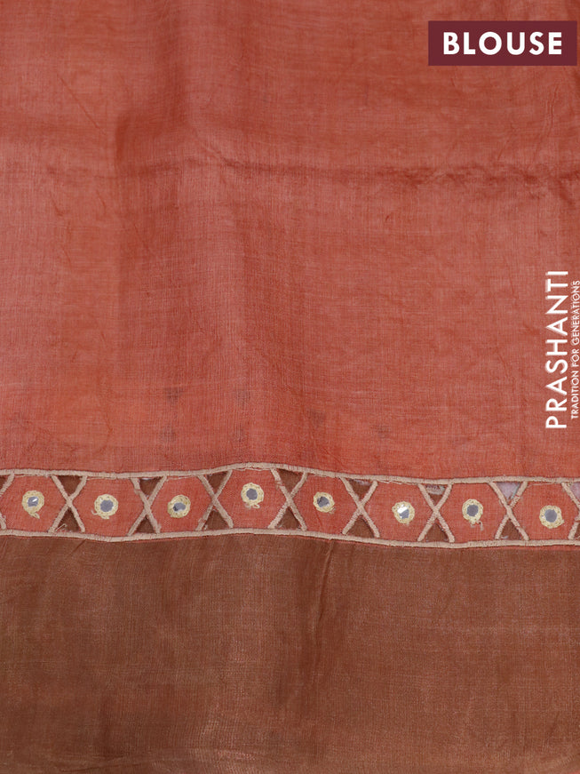 Pure tussar silk saree brown and rustic orange with allover floral prints & mirror cut work pallu and zari woven border