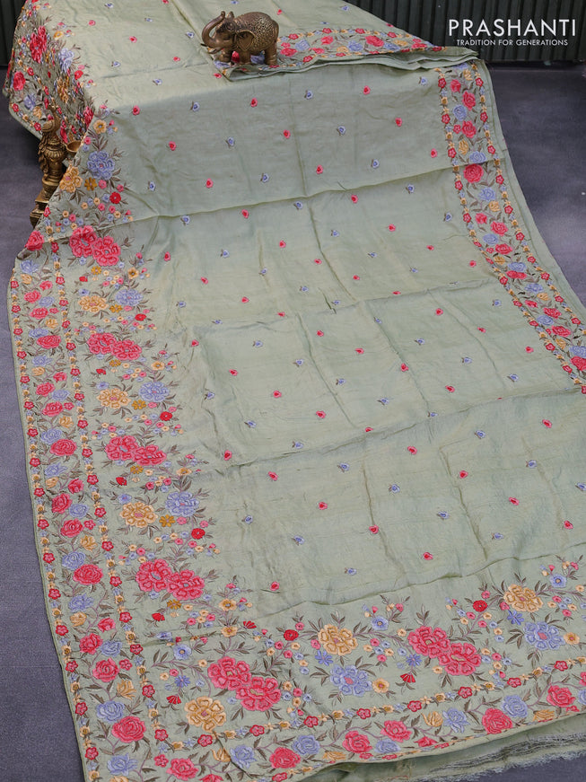 Pure tussar silk saree pastel green with floral embroidery buttas and floral design embroidery work border