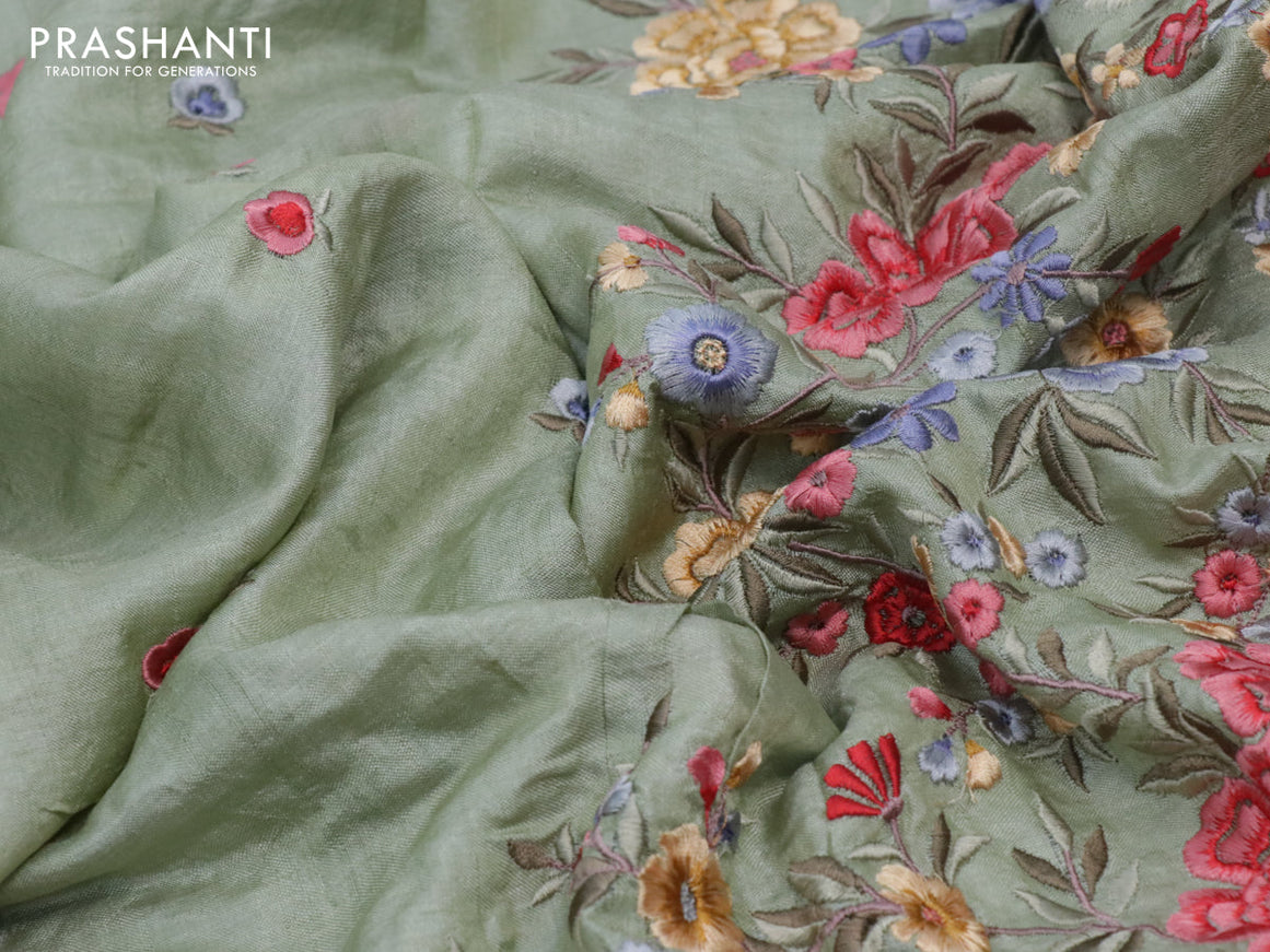 Pure tussar silk saree pastel green with floral embroidery buttas and floral design embroidery work border