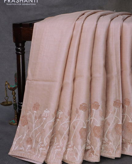 Pure tussar silk saree pastel brown shade with plain body and floral embroidery work border