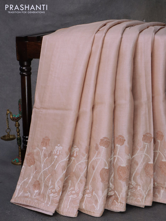Pure tussar silk saree pastel brown shade with plain body and floral embroidery work border