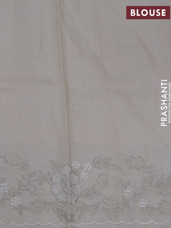 Pure tussar silk saree off white and grey with plain body and floral embroidery work border