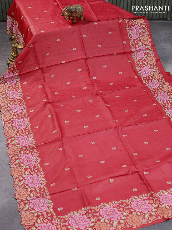 Pure tussar silk saree red shade with floral embroidery work buttas and floral design embroidery work border