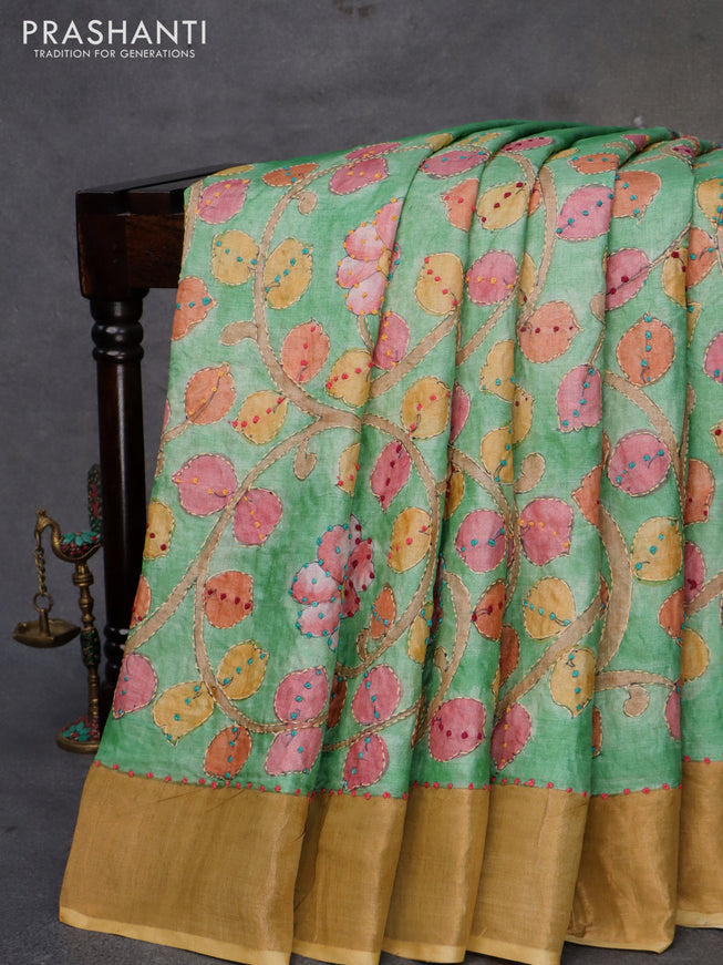 Pure tussar silk saree teal green pink and mustard shade with allover kalamkari prints & french knot work and zari woven border