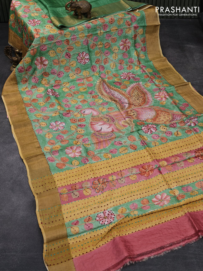 Pure tussar silk saree teal green pink and mustard shade with allover kalamkari prints & french knot work and zari woven border