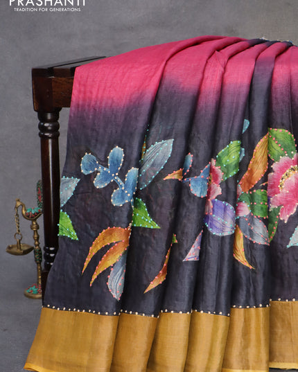 Pure tussar silk saree pink black and mustard yellow with floral prints & french knot work and zari woven border