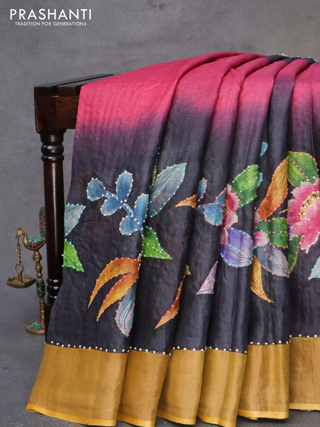 Pure tussar silk saree pink black and mustard yellow with floral prints & french knot work and zari woven border