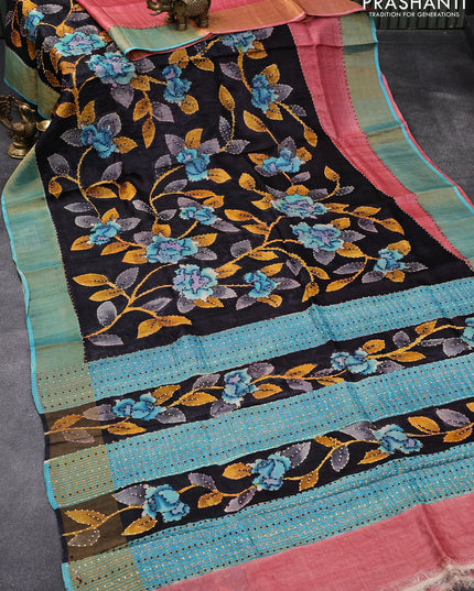 Pure tussar silk saree black and peach pink blue with allover floral prints & french knot work and zari woven border