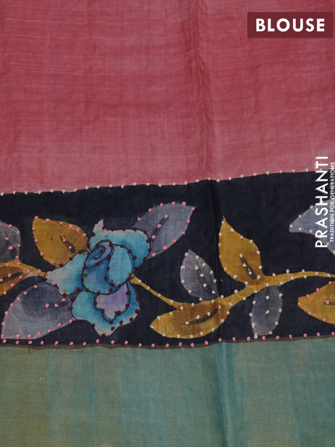 Pure tussar silk saree black and peach pink blue with allover floral prints & french knot work and zari woven border