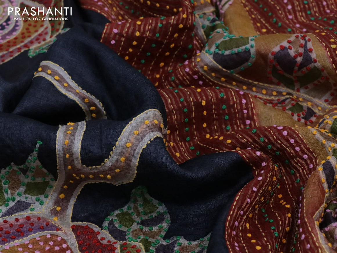 Pure tussar silk saree blue black and maroon with floral prints & french knot work and zari woven border