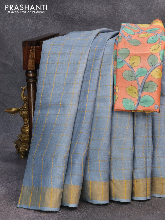 Pure tussar silk saree grey and rustic orange with allover zari checked pattern and zari woven border & kalamkari printed blouse