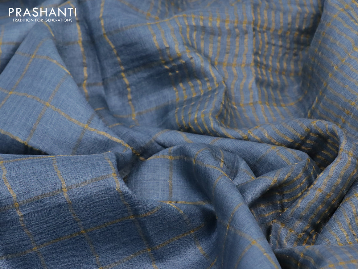 Pure tussar silk saree grey and rustic orange with allover zari checked pattern and zari woven border & kalamkari printed blouse