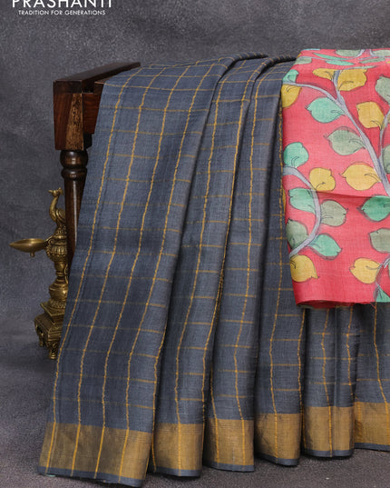 Pure tussar silk saree grey and maroon with allover zari checked pattern and zari woven border & kalamkari printed blouse