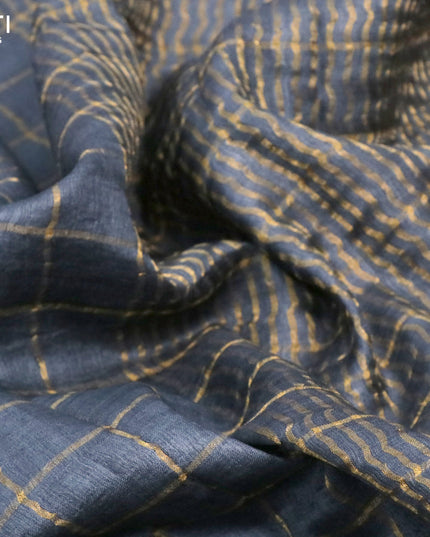Pure tussar silk saree grey and maroon with allover zari checked pattern and zari woven border & kalamkari printed blouse