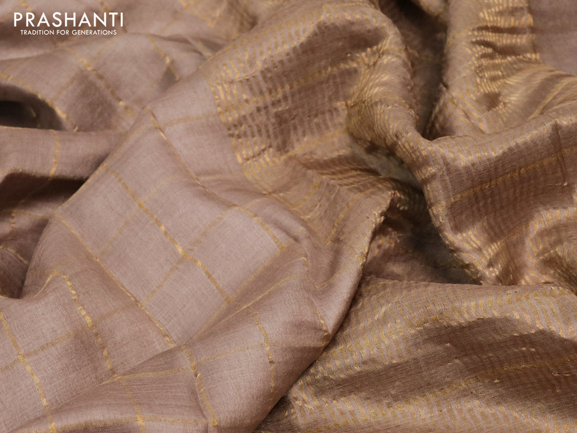 Pure tussar silk saree beige and teal green with allover zari checked pattern and zari woven border & kalamkari printed blouse