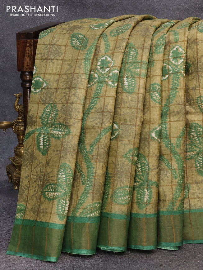Pure tussar silk saree elaichi green and green with allover prints & zari checks and zari woven border