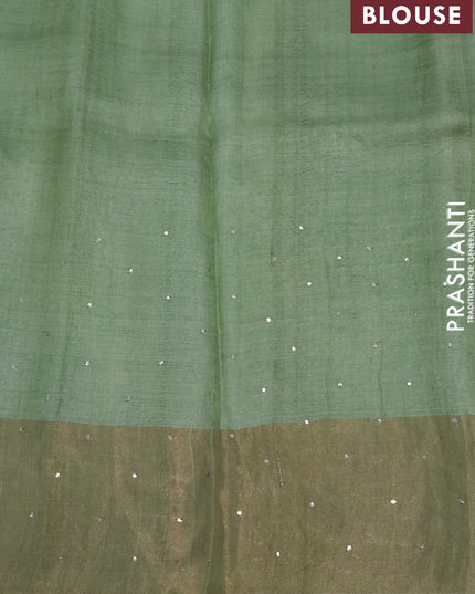 Pure tussar silk saree green shade and off white with tie and dye prints & embroidery buttas and zari woven border