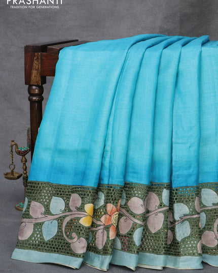 Pure tussar silk saree light blue with plain body and kalamkari printed cut work pallu