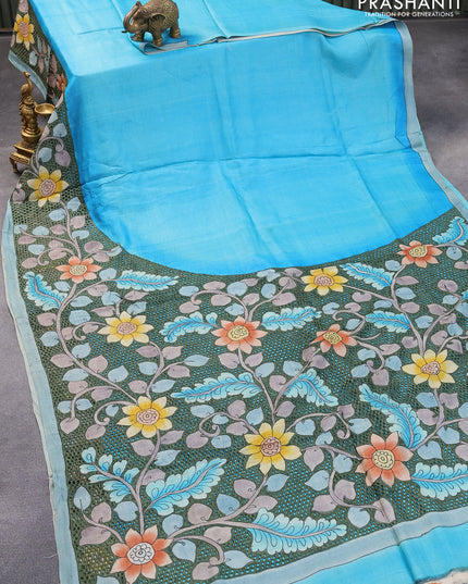 Pure tussar silk saree light blue with plain body and kalamkari printed cut work pallu