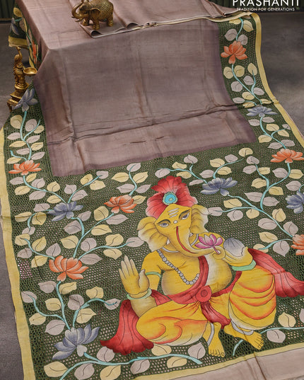 Pure tussar silk saree grey shade with plain body and kalamkari printed cut work pallu