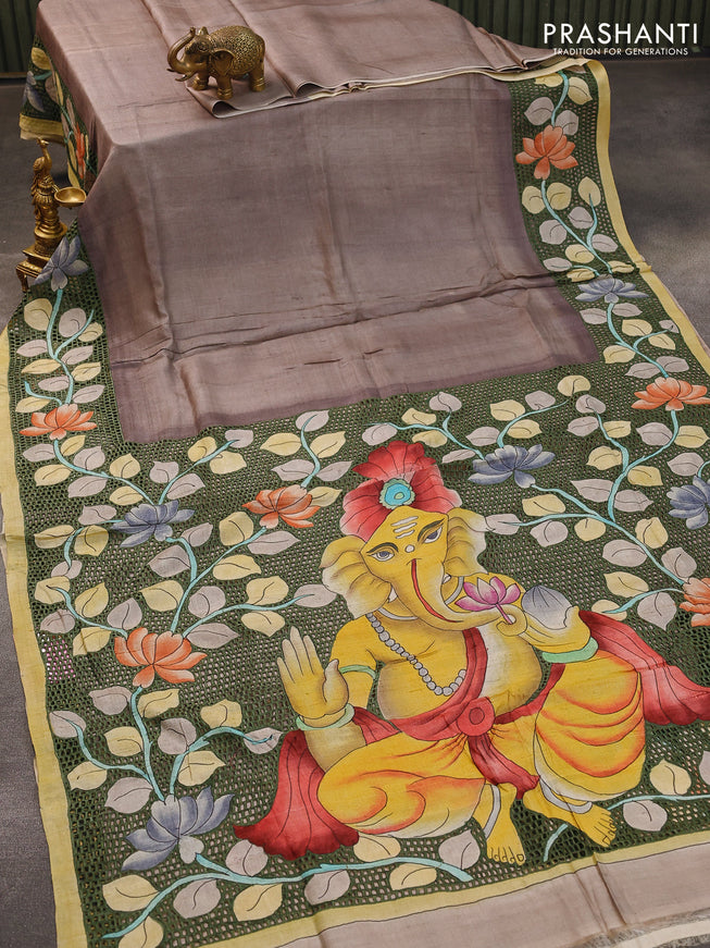 Pure tussar silk saree grey shade with plain body and kalamkari printed cut work pallu