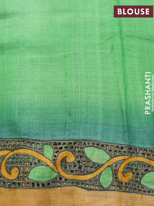 Pure tussar silk saree light green with plain body and kalamkari printed cut work pallu