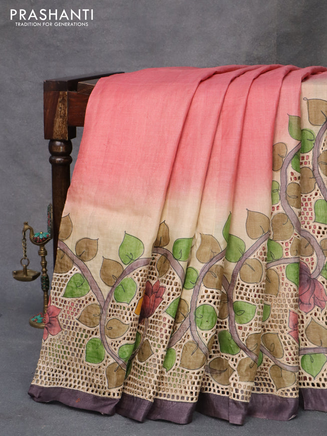 Pure tussar silk saree peach pink and wine shade with plain body and kalamkari printed cut work pallu