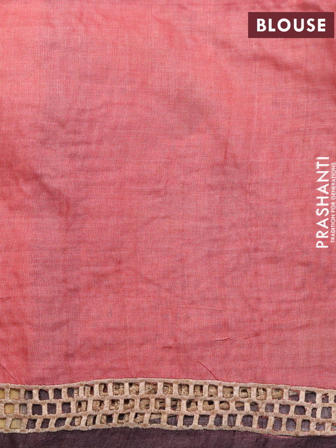 Pure tussar silk saree peach pink and wine shade with plain body and kalamkari printed cut work pallu