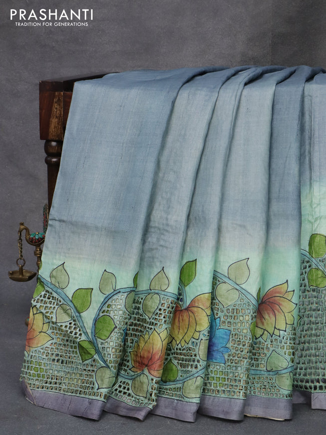 Pure tussar silk saree blue shade with plain body and kalamkari printed cut work pallu
