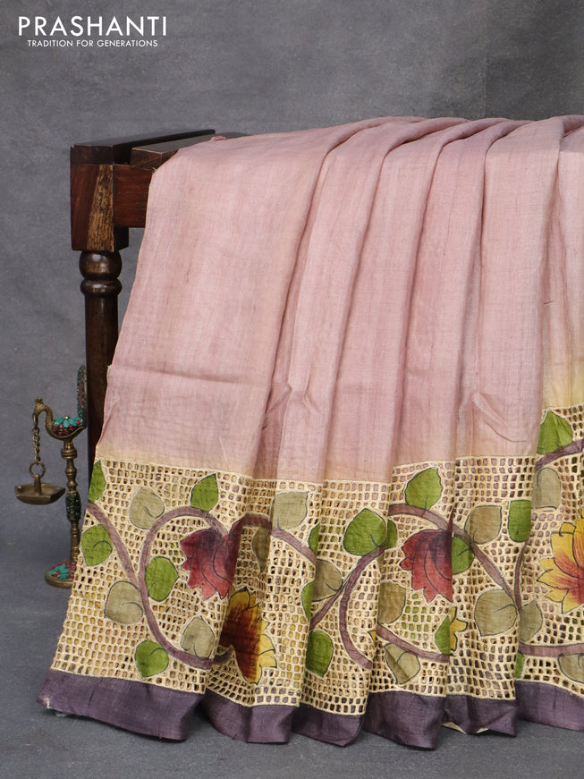 Pure tussar silk saree pastel pink and deep jamun shade with plain body and kalamkari printed cut work pallu