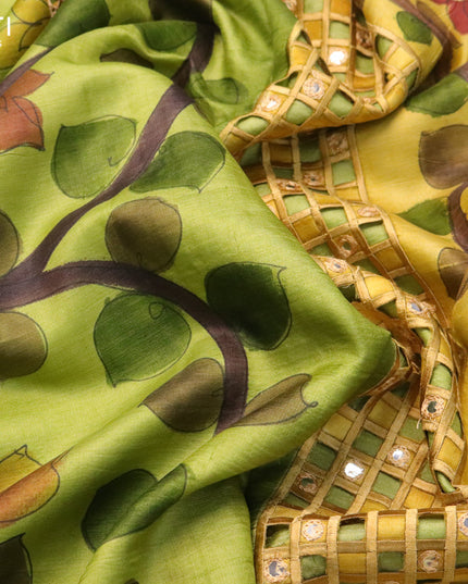 Pure tussar silk saree light green and wine shade with kalamkari prints & cut work and cut work border