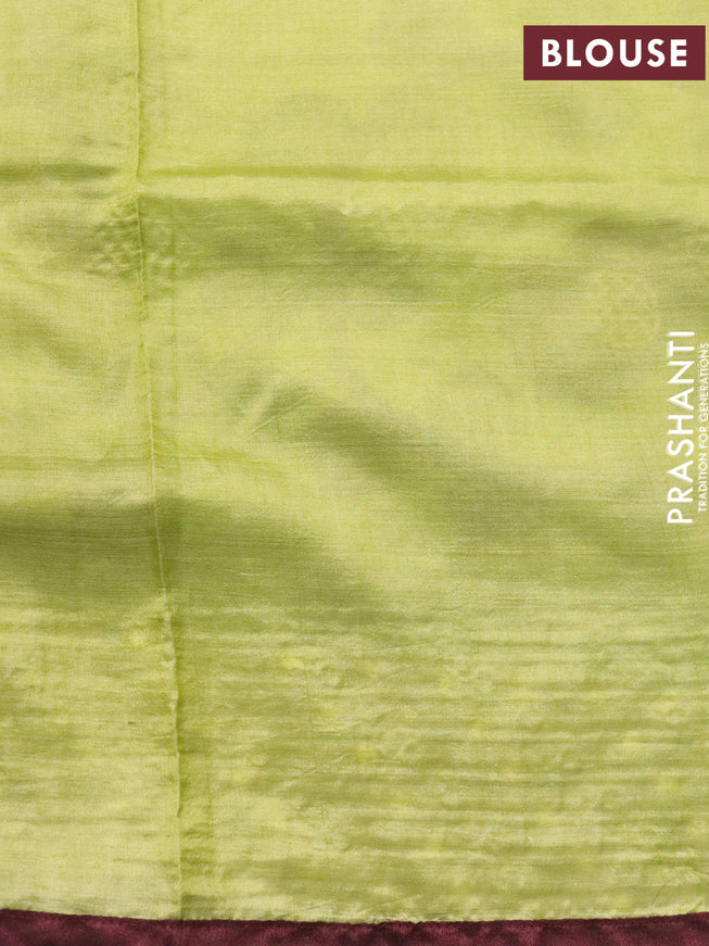 Pure tussar silk saree light green and wine shade with kalamkari prints & cut work and cut work border