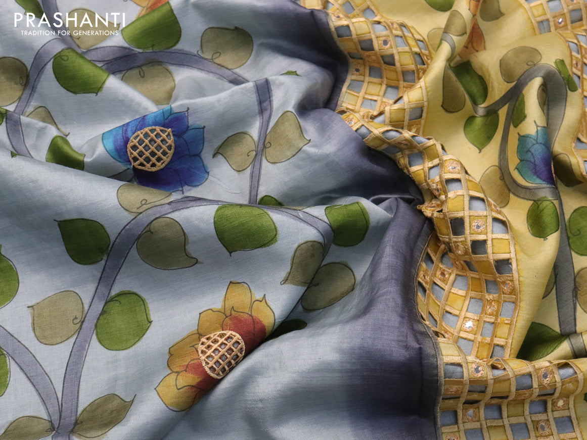 Pure tussar silk saree pastel grey and wine shade with kalamkari prints & cut work and cut work border