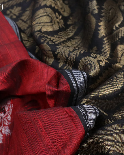 Pure dupion silk saree red and black with silver & gold zari woven buttas and zari checked border