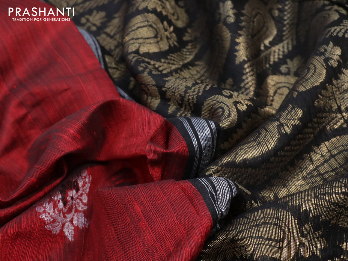 Pure dupion silk saree red and black with silver & gold zari woven buttas and zari checked border