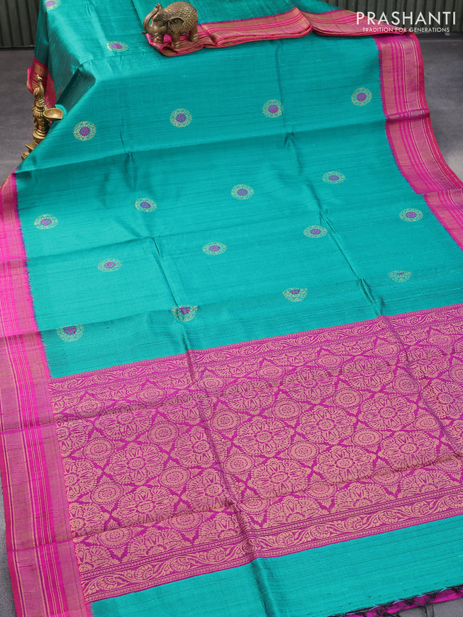 Pure dupion silk saree teal green and pink shade with zari woven buttas and zari woven border
