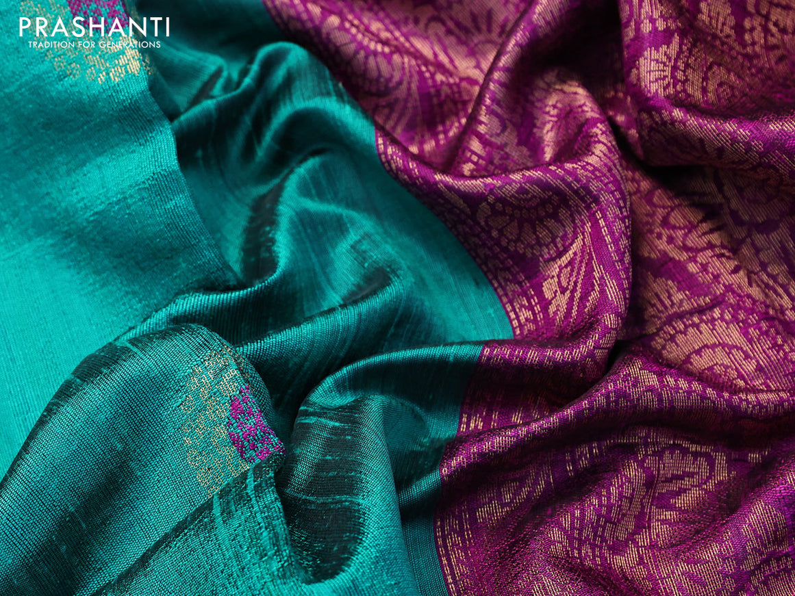 Pure dupion silk saree teal green and pink shade with zari woven buttas and zari woven border
