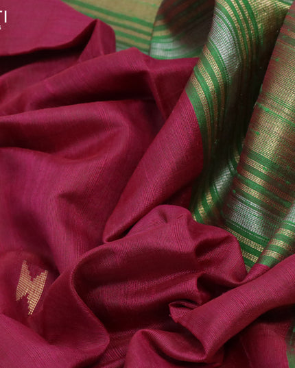 Pure dupion silk saree dark pink and green with zari woven buttas and temple design zari woven border