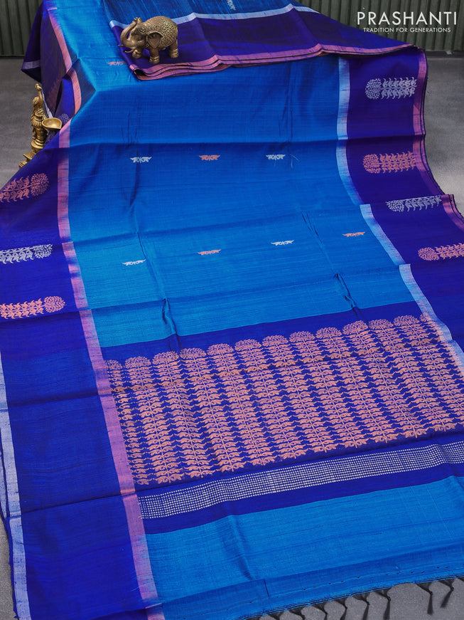 Pure dupion silk saree cs blue and blue with silver zari woven buttas and zari woven butta border