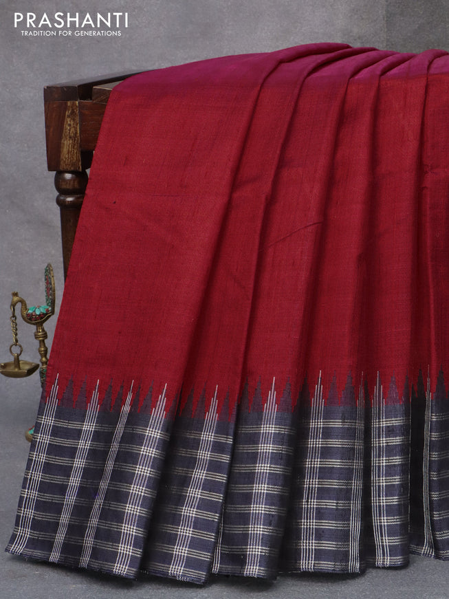 Pure dupion silk saree pink and navy blue with plain body and temple design zari checked border