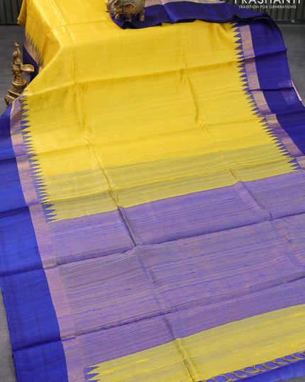 Pure dupion silk saree yellow and blue with plain body and temple design zari woven simple border