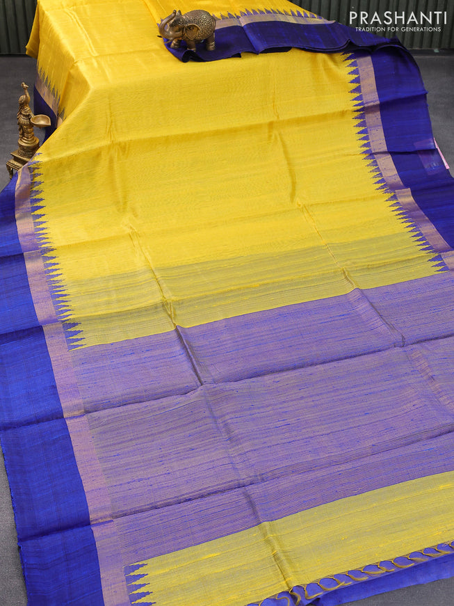 Pure dupion silk saree yellow and blue with plain body and temple design zari woven simple border